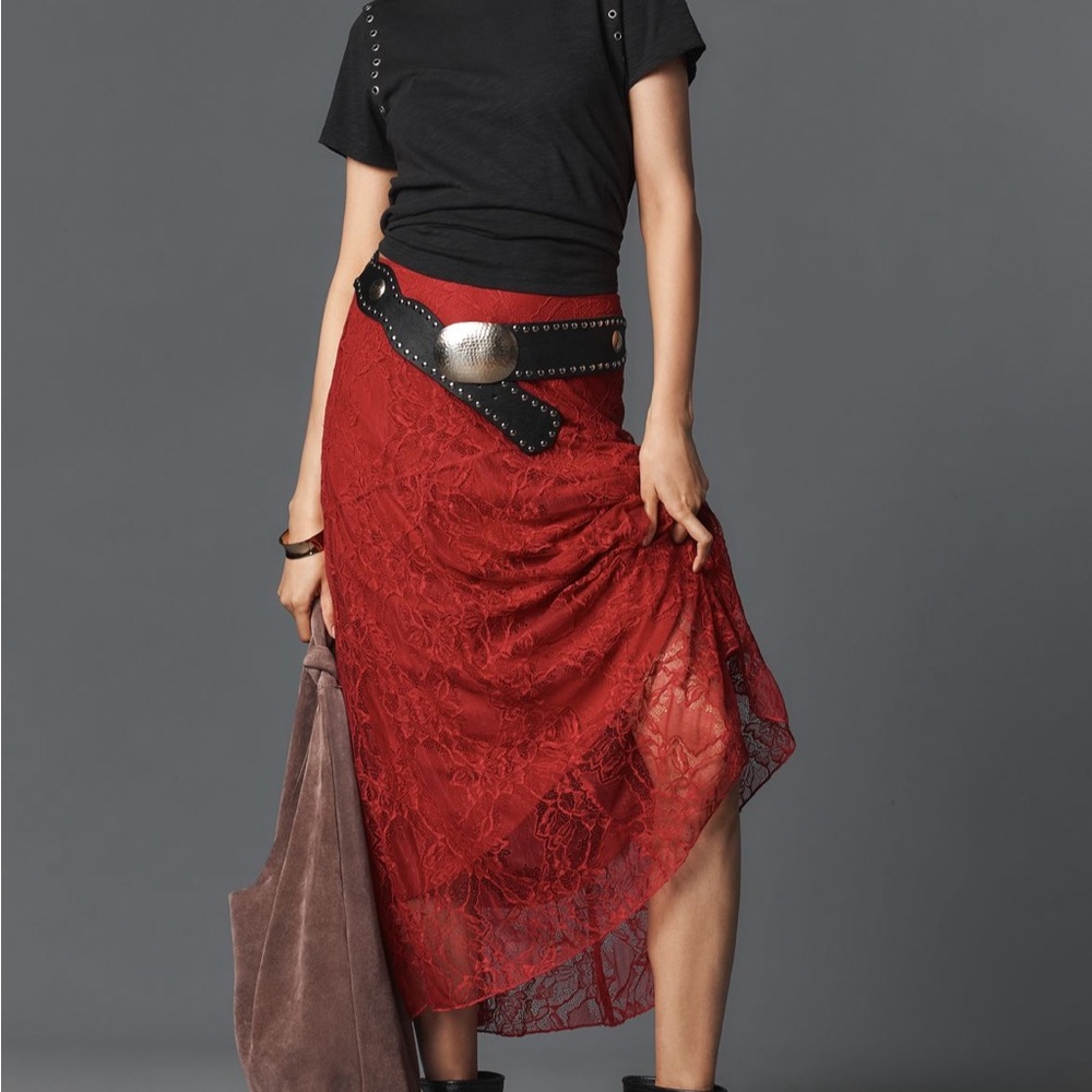 Anthropologie Red Asymmetrical Lace Skirt